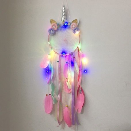 Attrape-Rêve Licorne couronne de fleurs Rose avec LED